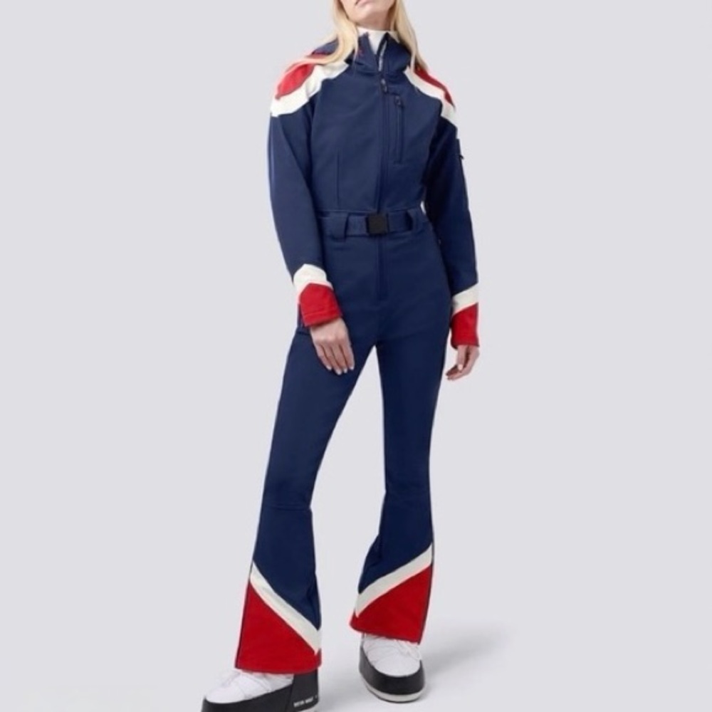 Perfect Moment Allos Ski Suit Navy Blue Red and White One Piece Snowsuit